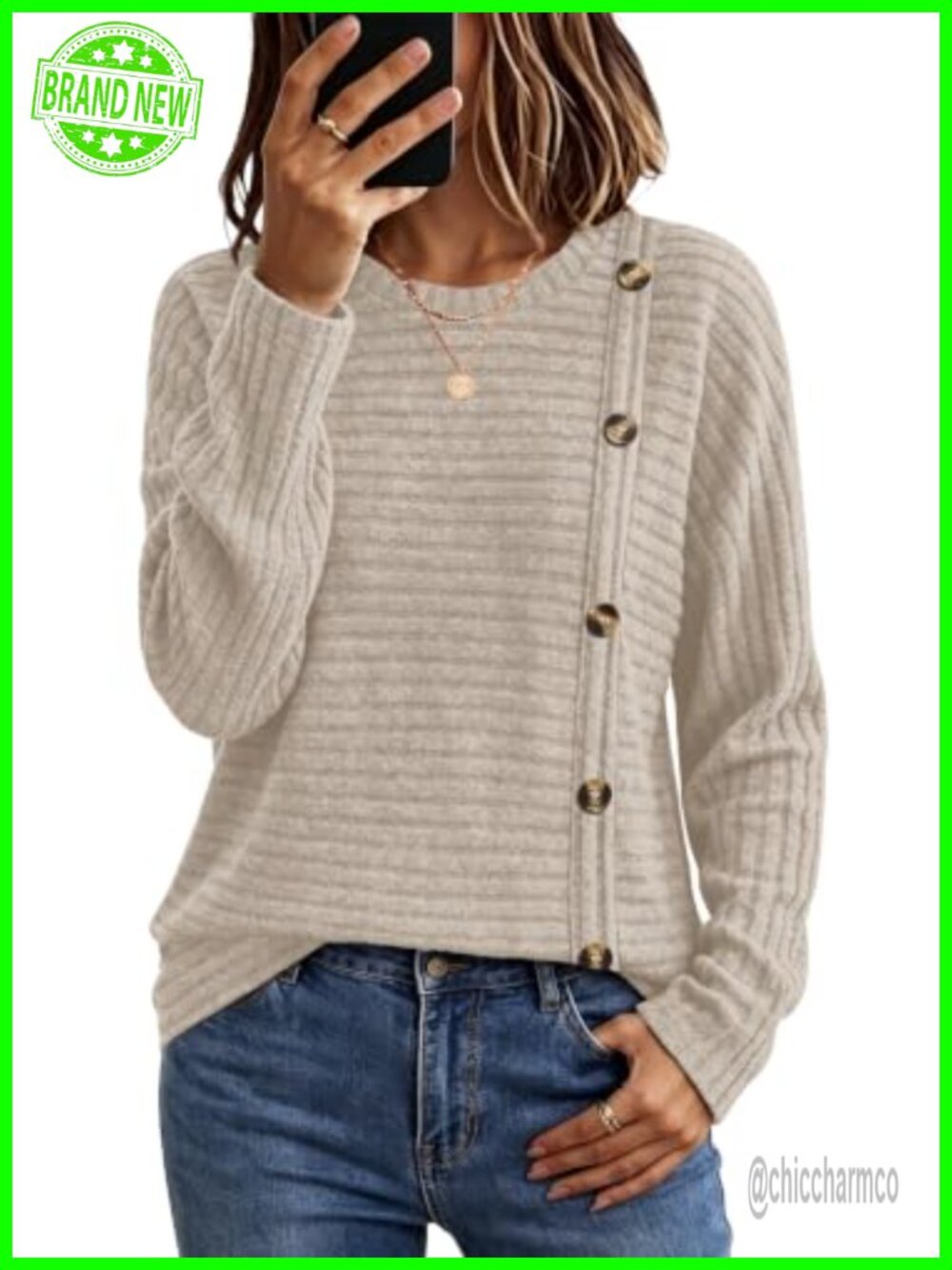 Womens Soft Textured Crew Neck Tunic Top Long Sleeve Button Detail